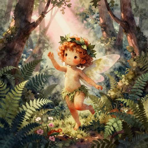 Digital fantasy illustration of a cherubic fairy with curly red hair, green leaf skirt, and floral crown, dancing in a sunlit forest.