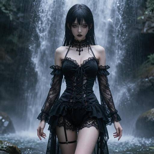 Ethereal Gothic Idol Under Waterfall
