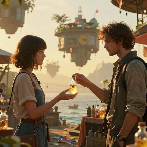 Photograph: Sunset, coastal market; young woman with wavy brown hair, denim overalls, hands glass to curly-haired man in worn jacket,