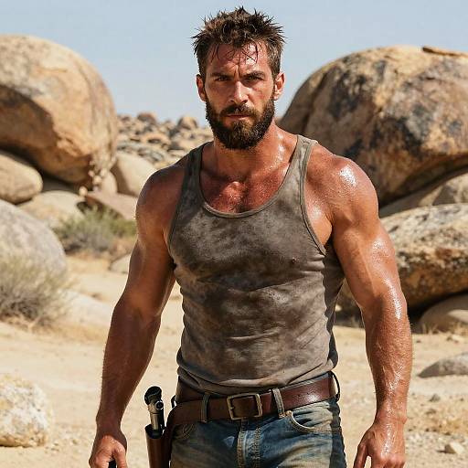 Muscular Bearded Man in Desert