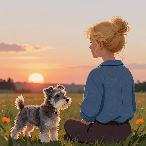 Whimsical Sunset with Woman and Terrier