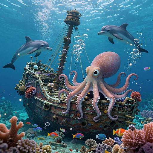 Photograph of a sunken wooden pirate ship in vibrant underwater scene, featuring a pink octopus, three dolphins, colorful fish, and coral.