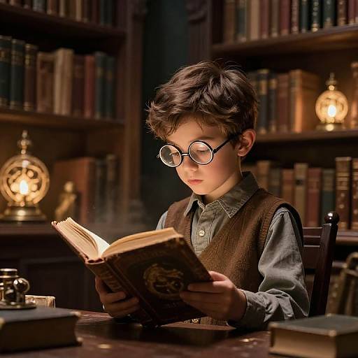 Young boy with glasses, brown vest, and blue shirt reads book in dimly lit library; vintage lamps and bookshelves in background.