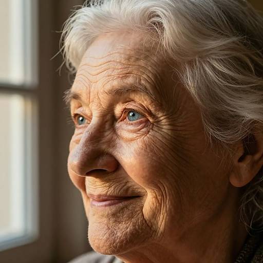 Close-up photograph of an elderly woman with white hair, wrinkles, and blue eyes, smiling gently in sunlight near a window.