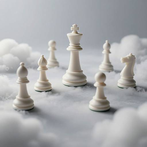Photograph of white chess pieces standing on a cloudy surface, with the king prominently centered among pawns and other pieces.