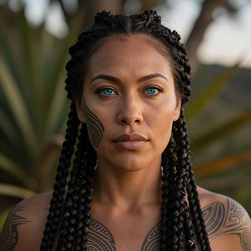 Photograph of a woman with blue eyes, dark braided hair, tribal tattoos, and brown skin, standing outdoors with a blurred green plant background.