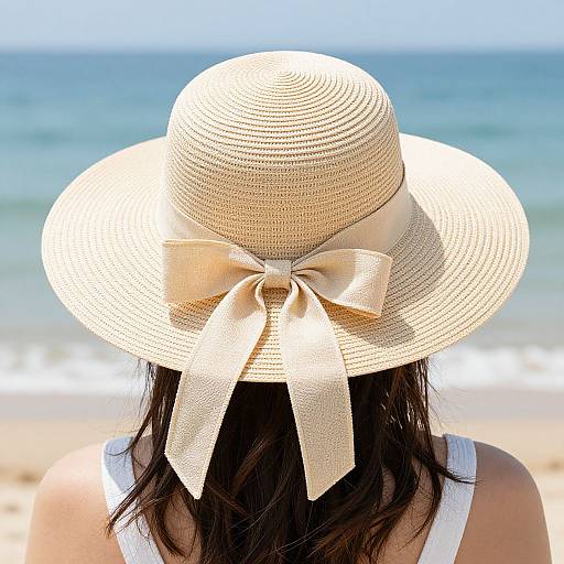Photograph of a woman with long dark hair, wearing a large beige straw sunhat with a ribbon bow, standing on a sunny beach with blue ocean