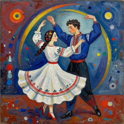Vibrant painting of a dancing couple, a woman in a white embroidered dress and a man in a blue shirt and black pants, set against a