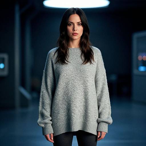 Photograph of a woman with long dark hair, wearing a light gray knitted sweater and black pants, standing on a dimly lit runway with a