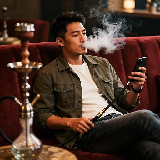 Relaxed Man Smoking Shisha Indoors
