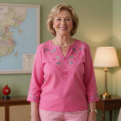 Smiling Middle-aged Woman in Pink Embroidered Blouse