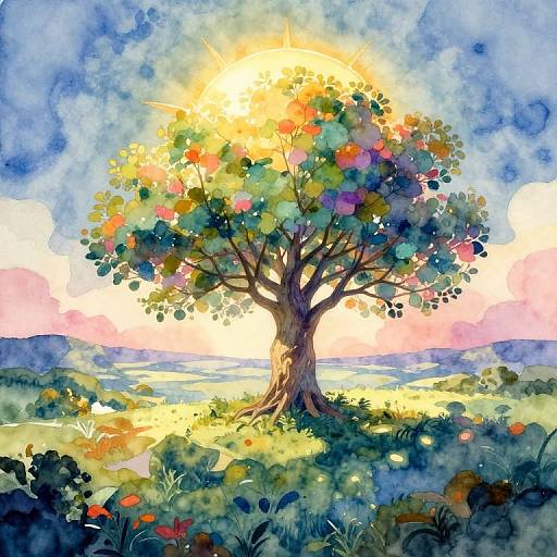 Surreal Dreamscape with Iridescent Tree