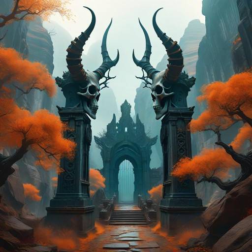 Gothic Skull Monument in Misty Canyon