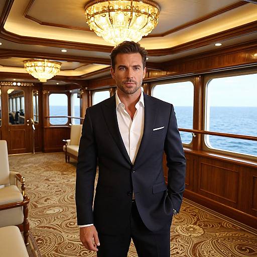 Photograph of a handsome, bearded man in a black suit with a white shirt standing on a luxurious yacht interior, featuring ornate chandeliers