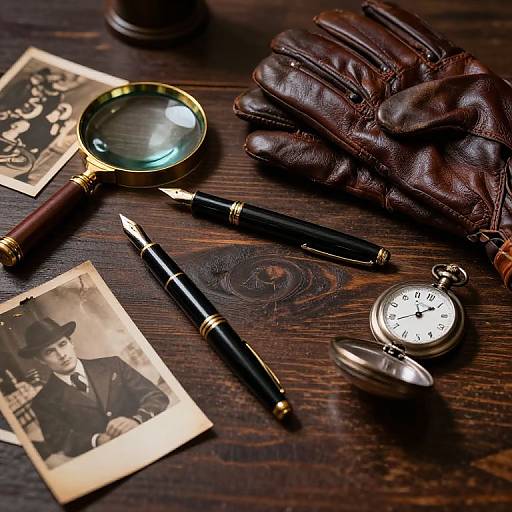 Vintage-style photograph of black ink pen, magnifying glass, leather gloves, pocket watch, black-and-white photos, and wooden table.