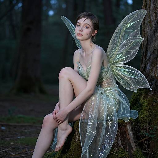 Photograph of a fair-skinned, slender fairy with translucent wings, seated on a forest tree, wearing a sparkling, translucent dress, with dark forest