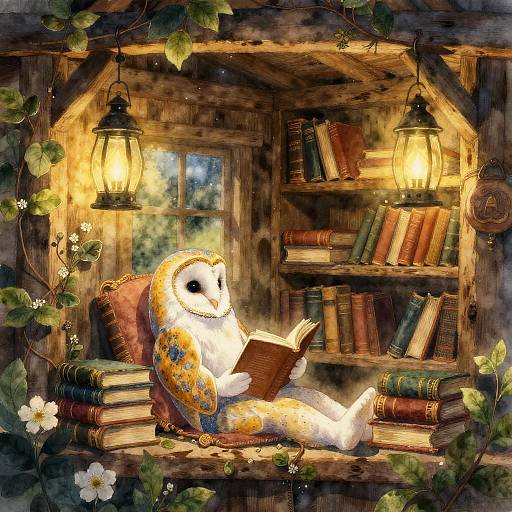Cozy Barn Owl Librarian in Fantasy