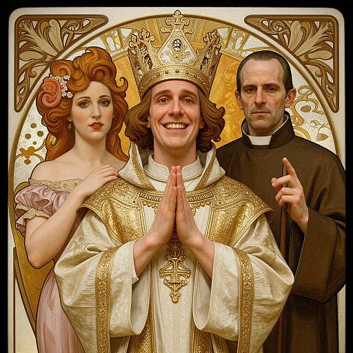 Digital art of a smiling man in a golden crown and robe, hands clasped, flanked by a red-haired woman in a pink dress and a