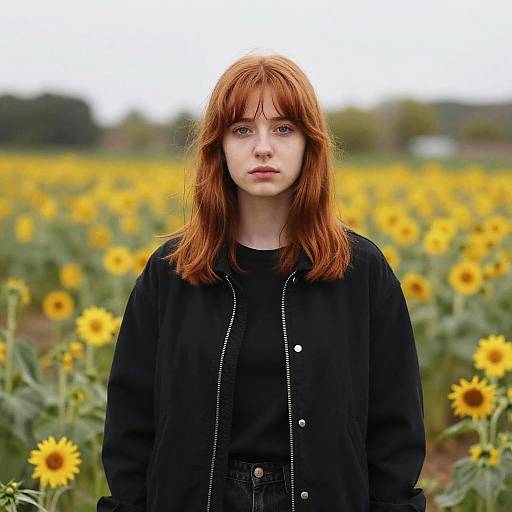 Red-Haired Girl in Flower Field