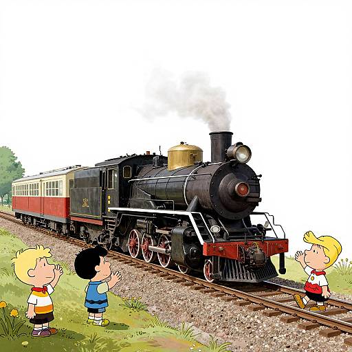 Colorful cartoon of children watching a black steam train with red and cream carriages on grassy tracks, white background.