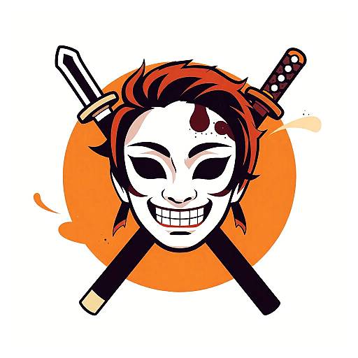 Digital illustration of a grinning, white-masked character with red hair, crossed swords, and black crossguard behind an orange circular background. Bold,