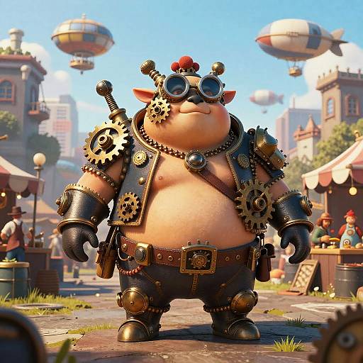 Plump Steampunk Character in Cityscape