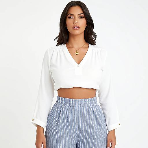 Photograph of a confident woman with medium skin tone, black wavy hair, wearing a white crop top and blue-striped high-waist pants,