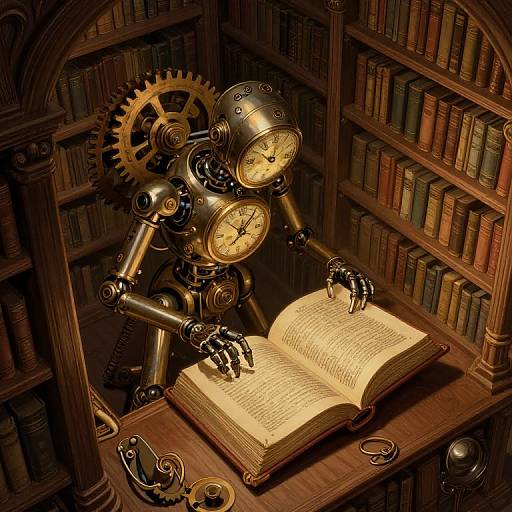 Steampunk clockwork robot reading open book on wooden desk, surrounded by bookshelves, with gears, clock faces, and an anchor. Warm