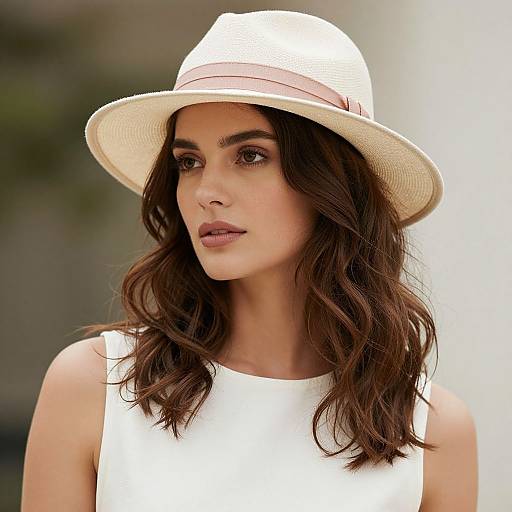 Photograph of a young woman with wavy brown hair, wearing a white sleeveless top and a white straw hat with a pink band, looking thought