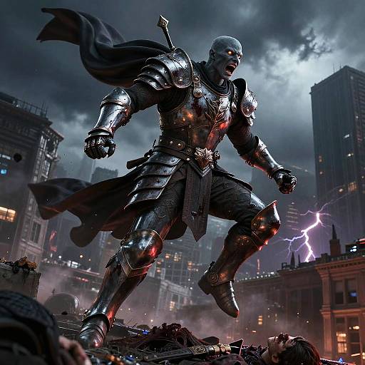 CGI image of a muscular, armored superhero with glowing red eyes, standing heroically on ruins during a stormy, lightning-filled cityscape.