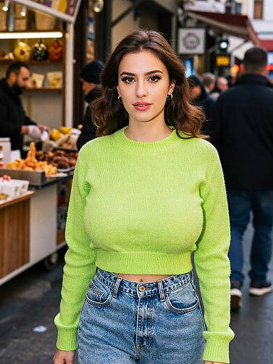 Photograph of a curvy woman with medium skin tone, dark wavy hair, wearing a bright green sweater and high-waisted blue jeans,