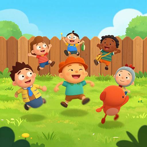 Cartoon children playing joyfully in a sunny backyard with a wooden fence, grassy lawn, and blue sky. Bright colors, cheerful expressions, and
