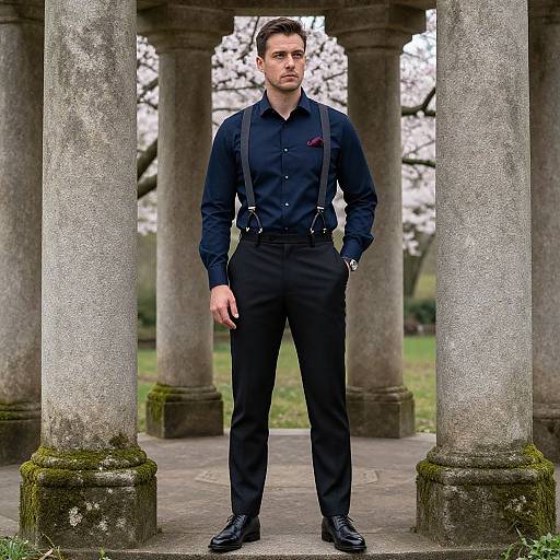 Photograph of a serious, handsome man in black dress shirt, suspenders, and trousers, standing between stone pillars in a park with cherry blossoms