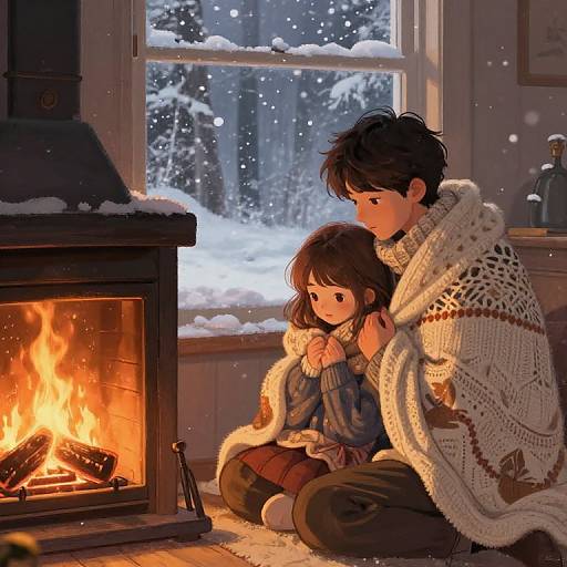 Anime-style digital artwork of a brother and sister, warmly wrapped, sitting by a cozy fireplace, watching snowfall outside.