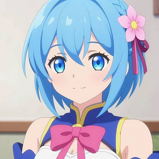 Digital anime drawing of a blue-haired girl with large blue eyes, pink flower hairpin, and a pink bow, wearing a blue and white top.