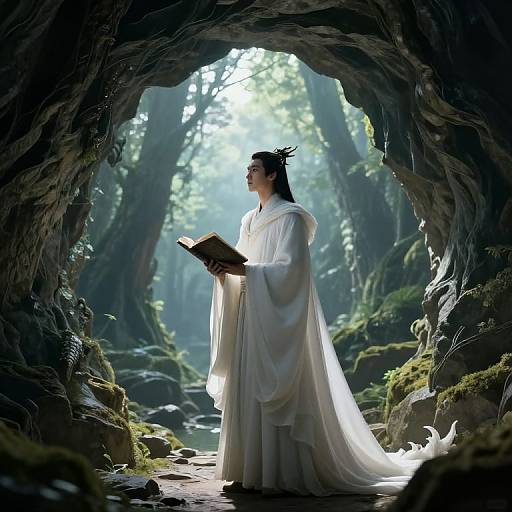 Digital art: Mysterious forest cave, lit by sunlight. An ethereal woman in white robes, with dark hair, reads a book. Moss-covered
