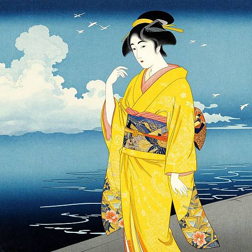 Digital illustration of a Japanese woman in a vibrant yellow kimono with floral patterns, standing by a calm blue sea, under a cloudy sky with seag