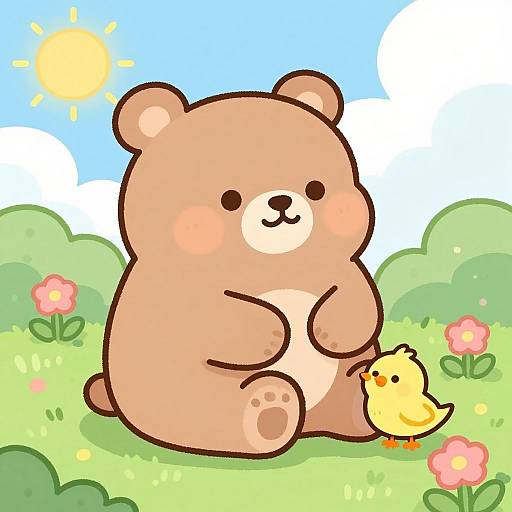 Cute digital illustration of a chubby brown bear sitting in a grassy field, smiling at a yellow chick with an orange beak. Bright blue sky