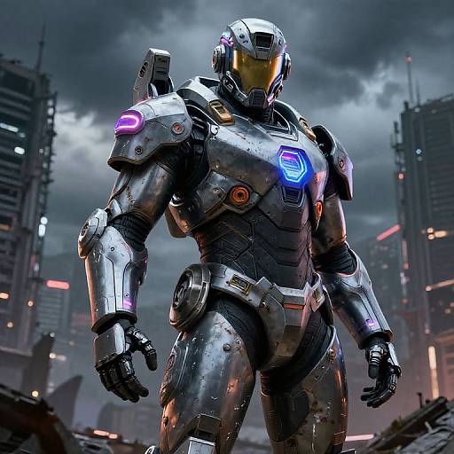 Photorealistic CGI of futuristic armored soldier in metallic suit with glowing blue and purple accents, standing in a dark, stormy cityscape.