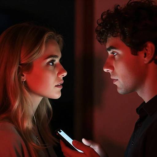 Intense Face-Off Between Young Man and Woman with Red Lighting
