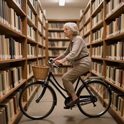 Photograph of an elderly woman with short gray hair, wearing a beige sweater and beige pants, riding a black bicycle with a wicker basket, through
