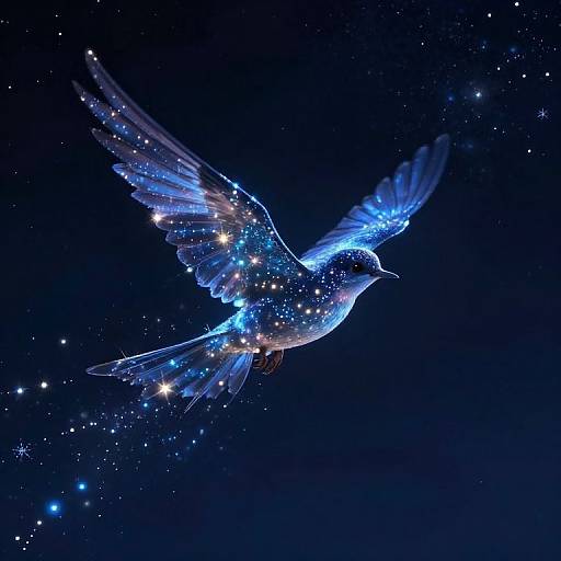 Glowing blue dove with starlit wings and body soaring against a dark, star-filled night sky, creating a celestial, ethereal effect.