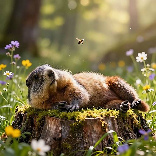 Photograph of a chubby marmot with fluffy brown fur, lounging on a mossy tree stump in a sunlit forest, surrounded by wild