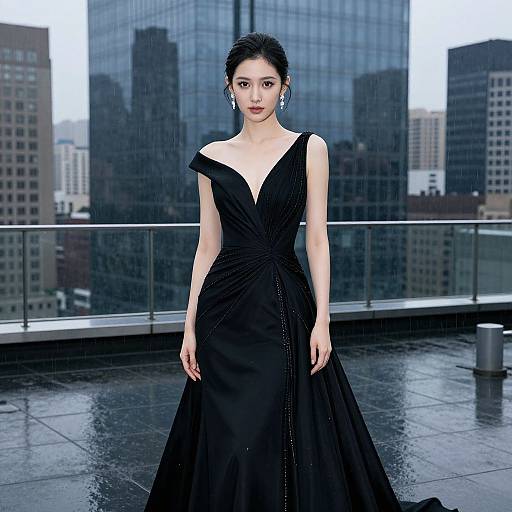 Photograph of an Asian woman with fair skin, black hair in an updo, wearing a black, off-shoulder, floor-length gown,
