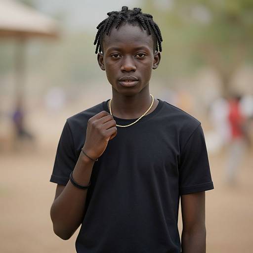 Photograph of a young Black man with short, twisted hair, wearing a black t-shirt, gold chain, and wristband, standing outdoors with a