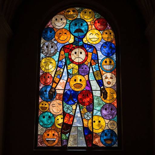 Vibrant stained glass window featuring a colorful mosaic of smiling and laughing faces, set in an arched frame with dark background.