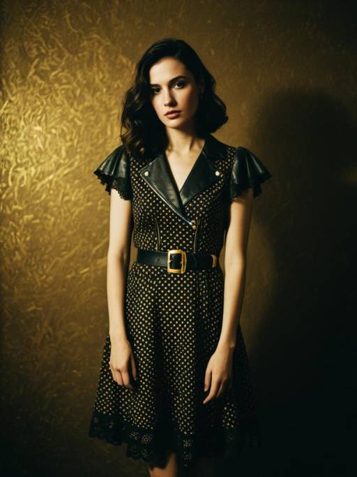 Woman in Polka-Dot Dress and Leather Jacket