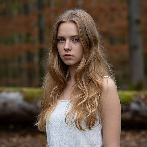 Photograph of a young Caucasian woman with long, wavy blonde hair, wearing a white, sleeveless top, standing outdoors with a blurred, autumn