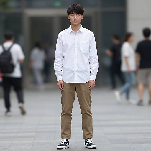 Photograph of a young Asian man standing in a city plaza, wearing a white shirt, beige pants, and black-and-white sneakers, with blurred pedestrians