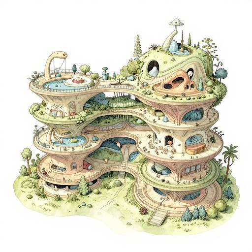 Whimsical, multi-tiered, organic building with winding paths, lush greenery, and colorful windows, illustrated in a detailed, cartoonish style